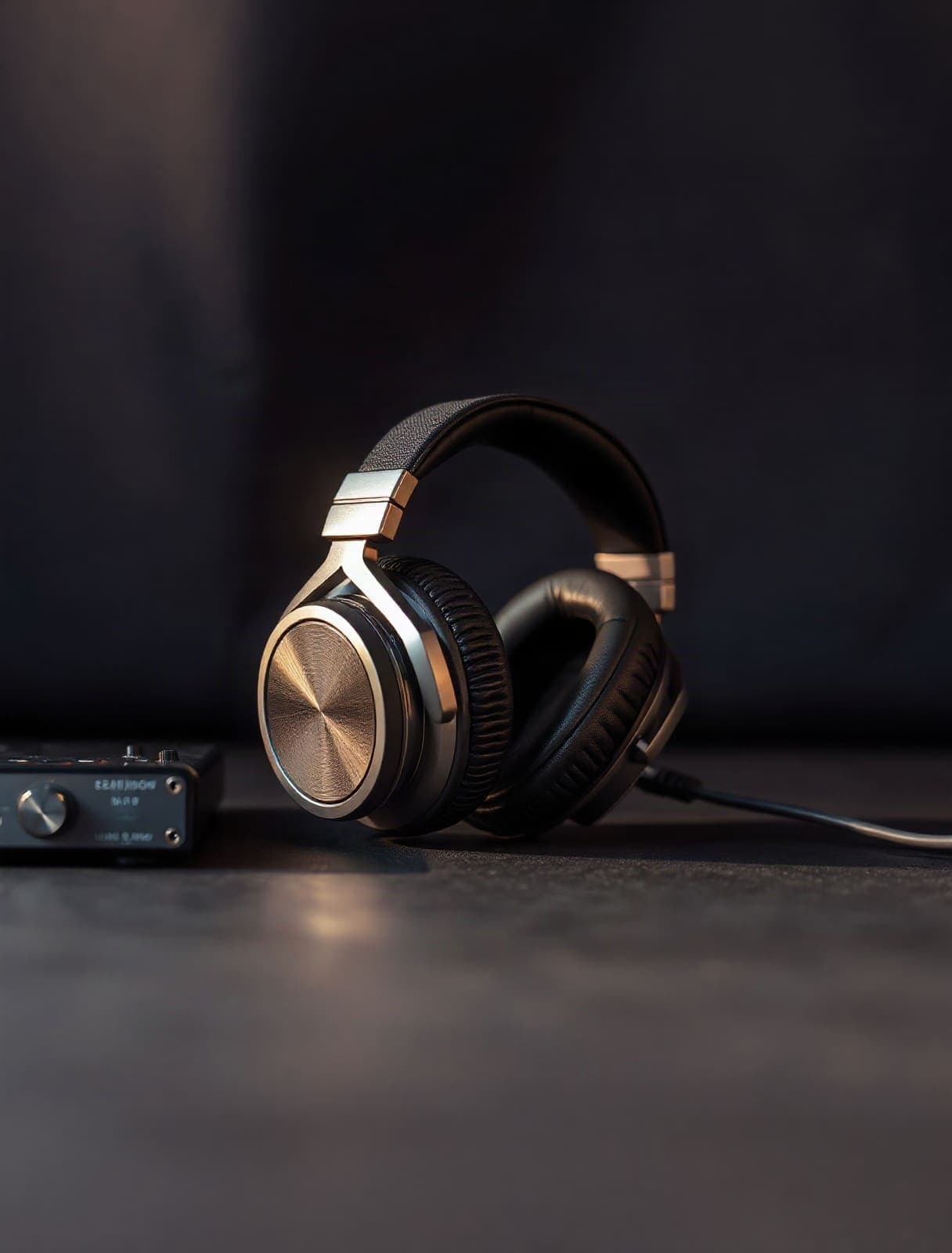 Studio headphones resting on a wooden desk